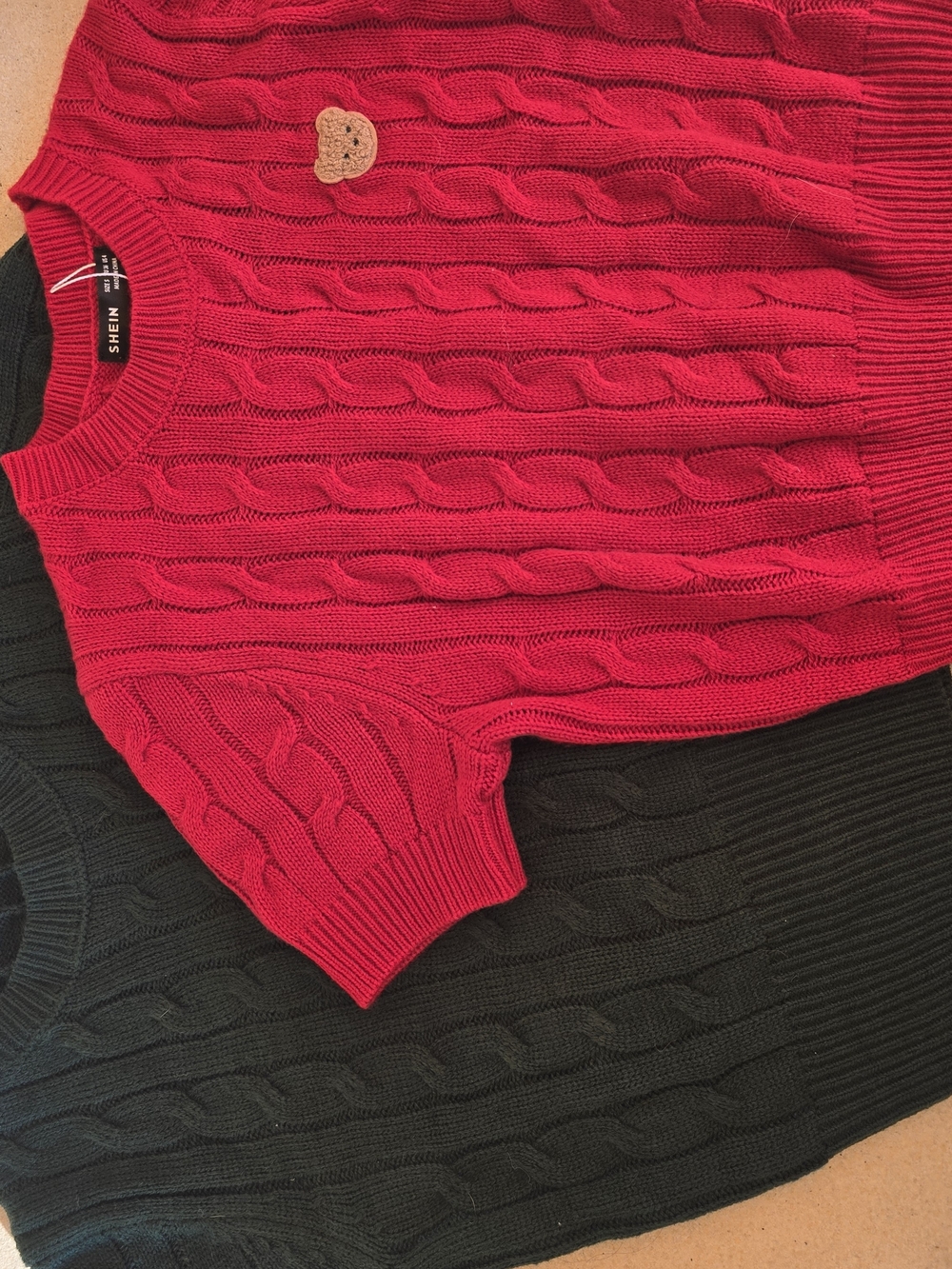 SHEIN Bright Red Cable Knit Crewneck Sweater